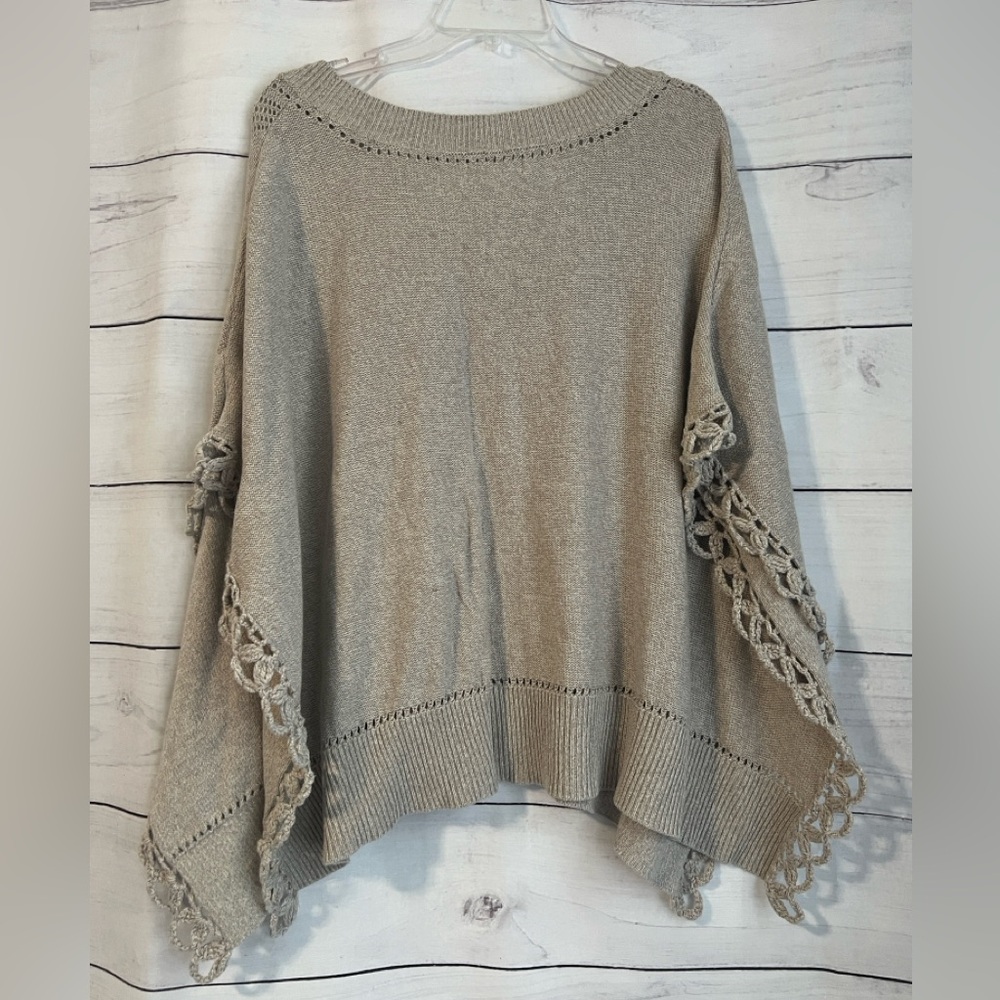 Kenar Women’s Oatmeal Cozy Knit Cotton Embroidered Poncho - SZ: M/L - Picture 5 of 11